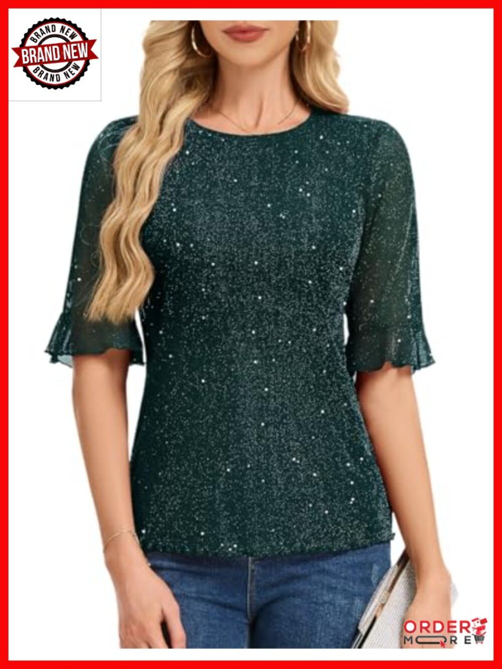 Sequin Bell Sleeve Blouse Dressy Casual Party Wedding Top Sparkly